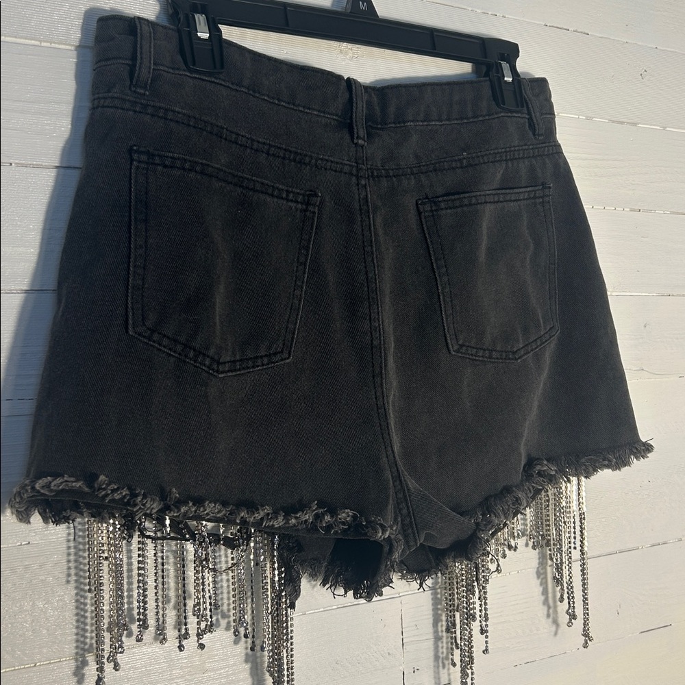 Blue B faded black rhinestone and pearl denim shorts. Womens size Large. - Picture 5 of 10